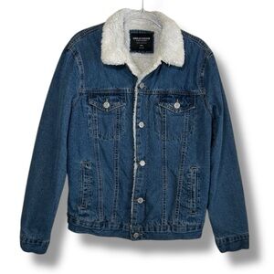 Sunrise Kingdom Jean Jacket Mens Blue Denim Trucker Sherpa Lined Size Small